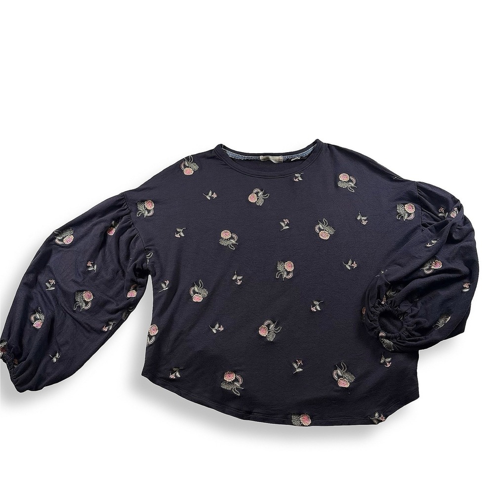 Altar'd State Womens Floral Embroidered Puff Sleeve Top Charcoal Gray Small